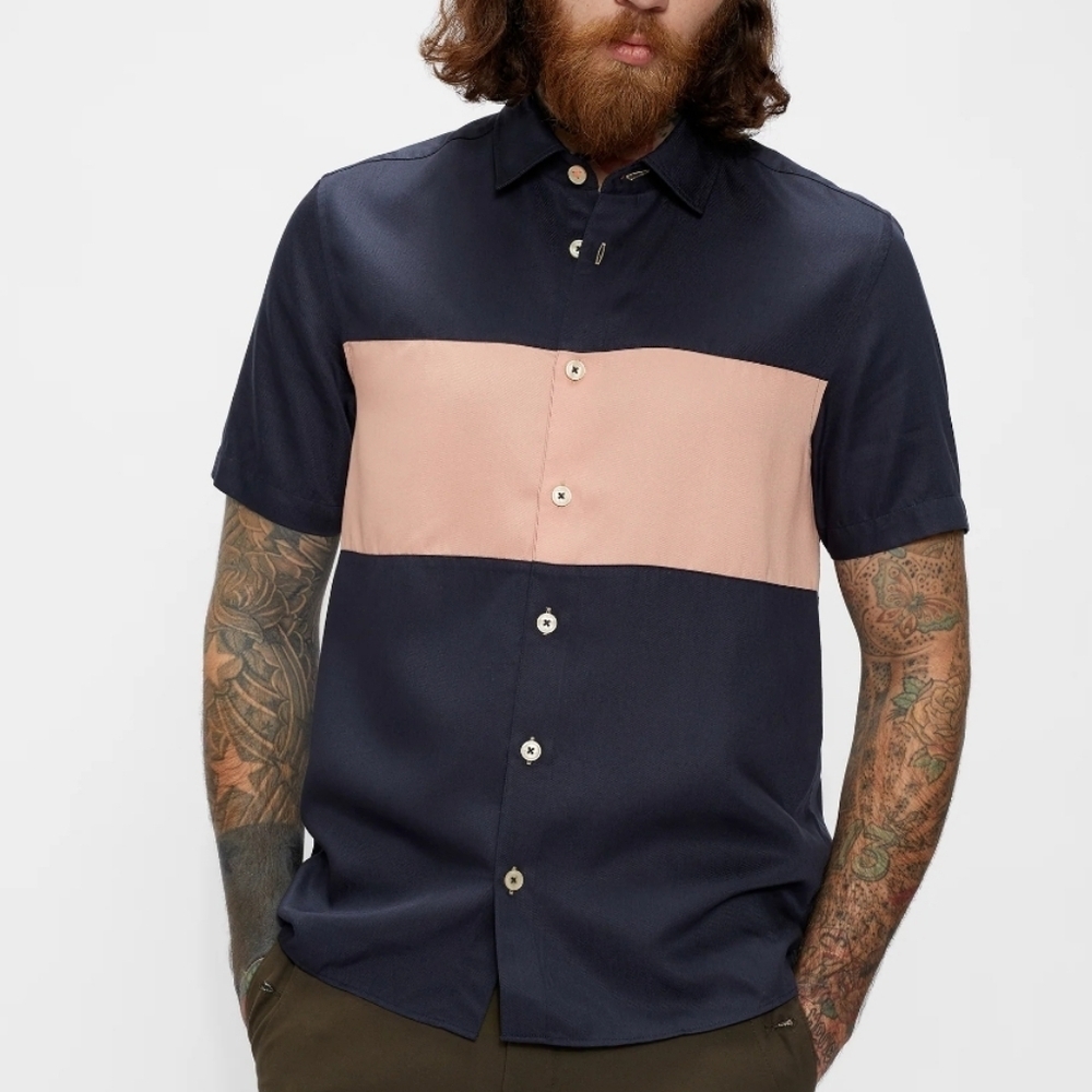 Ted Baker London Men's Navy and Pink Colorblock Shirt